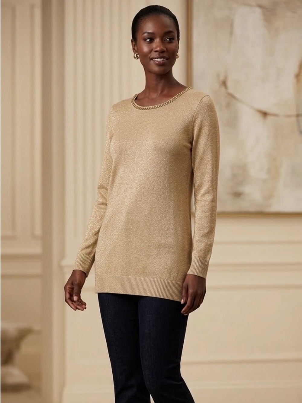 Kris Jenner Metallic Gold Glitter Chain-Neck Tunic Sweater Evening Oversized S